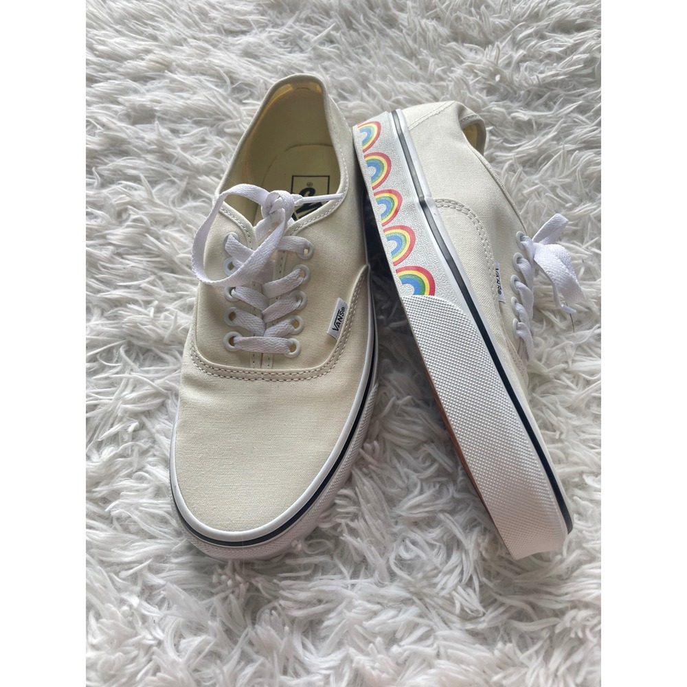 Vans Authentic Marshmallow White Rainbow Tape Sidewall Print Canvas Sneakers